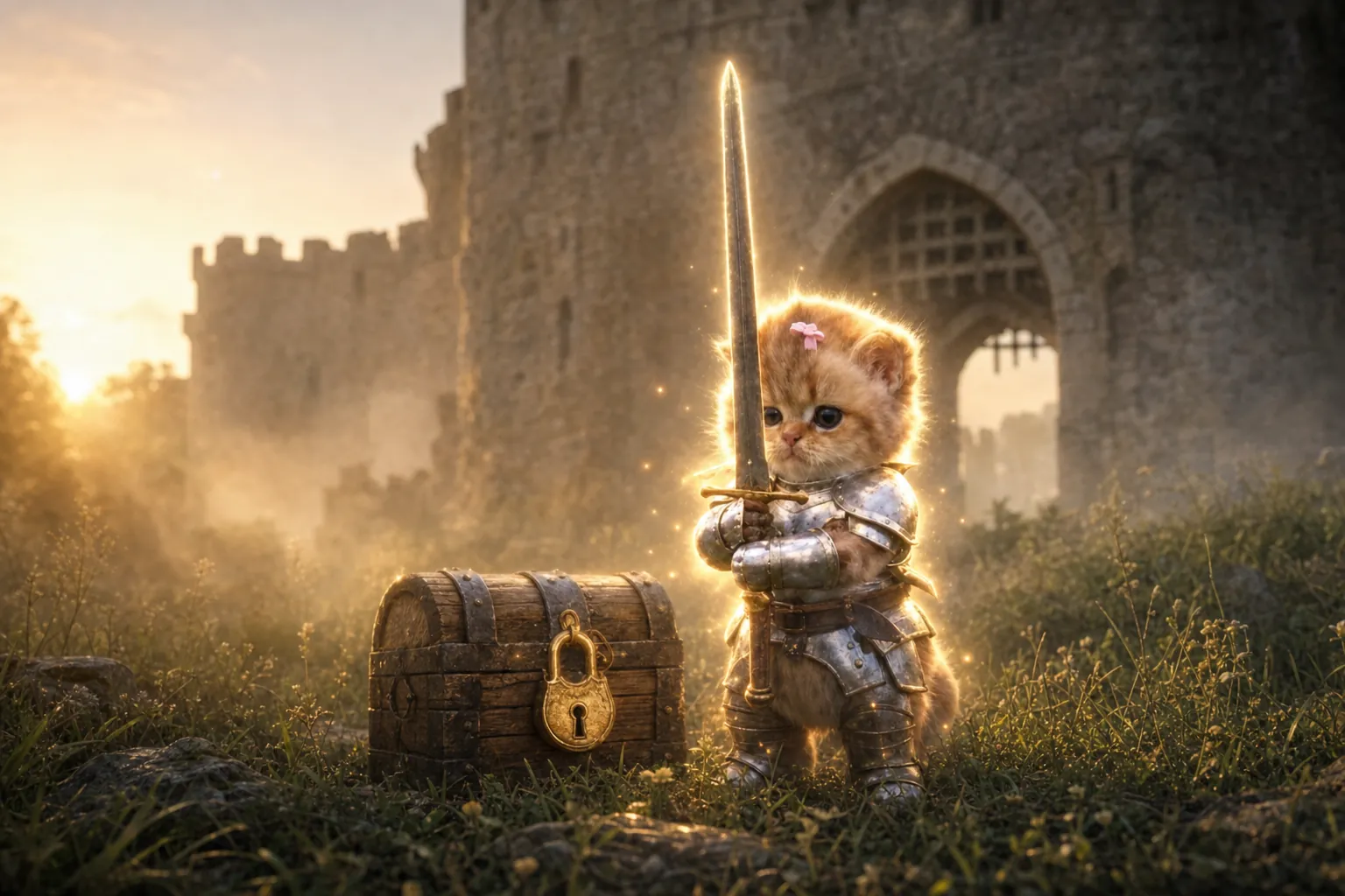 A tiny ginger kitten knight in silver armour with a sword stands guard beside a locked treasure chest at dawn, in front of a castle gate